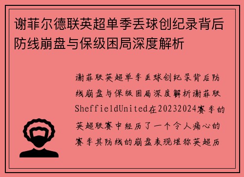 谢菲尔德联英超单季丢球创纪录背后防线崩盘与保级困局深度解析 谢菲尔德联英超单季丢球创纪录背后防线崩盘与保级困局深度解析