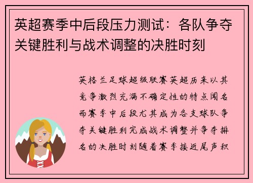 英超赛季中后段压力测试:各队争夺关键胜利与战术调整的决胜时刻 英超赛季中后段压力测试:各队争夺关键胜利与战术调整的决胜时刻